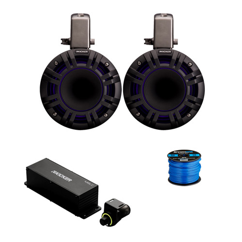 1 Pair (Qty 2) of Kicker KMTCXL65 6.5" 300 Watt Max Multicolor LED Horn-Loaded Marine Tower Speakers (Black), Wired Controller, Wire