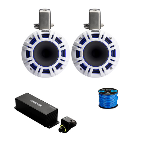 1 Pair (Qty 2) of Kicker KMTCXL65 6.5" 300 Watt Max Multicolor LED Horn-Loaded Marine Tower Speakers (White), Wired Controller, Wire
