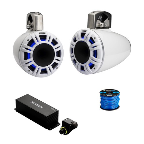 1 Pair (Qty 2) of Kicker KMTCXL8W 8" 500 Watt Max Multicolor LED Horn-Loaded Marine Tower Speakers (White), Wired Controller, Wire