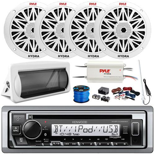 Kenwood KMR-D382BT Single DIN Marine Bluetooth USB/AUX CD Player SiriusXM Ready Receiver W/White Cover, 4x 6.5'' 200W 2-Way Full Range Speakers, 4-Channel Amplifier w/Kit + Power Block, Wire, Antenna