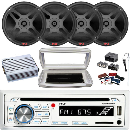 Pyle PLCDBT65 Single DIN Marine Bluetooth USB/AUX CD/MP3 Player AM/FM Radio Stereo Receiver W/White Cover, 4x 6.5" 600W Max 2-Way Black Speakers, 4 Channel Amplifier W/Kit + Power Block, Antenna