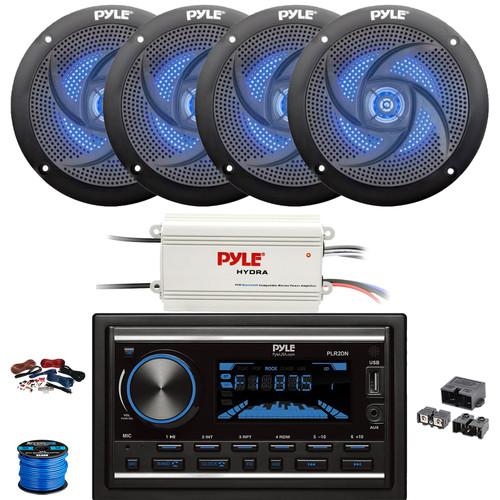Pyle PLR2DN Double DIN Marine Bluetooth 300 Watt USB/AUX MP3 Player AM/FM Radio Stereo Receiver, 4x 6'' 240W Max 2-Way Blue Flashing LED Black Speakers, 4-Channel Amplifier w/ Kit + Power Block, Wire
