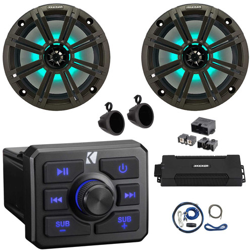 Kicker 51KBTR Marine Bluetooth Powersport USB/AUX Sub RCA Outputs Receiver, 2x 8" 300W Max RGB LED Boat Speakers w/Charcoal Grilles + Speaker Pods, 5 Channel Class D Amplifier W/Kit + Power Block
