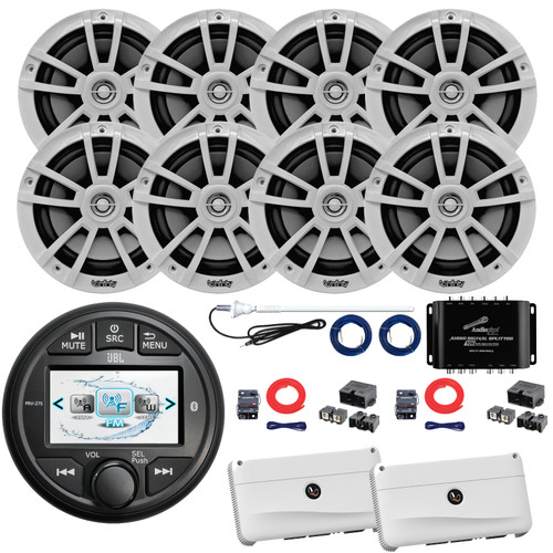 JBL PRV-275 Marine Bluetooth USB WB AM/FM Gauge Style Digital Media Receiver, 8x 6.5" 225W Max High-Performance Speakers, 2x 4-Channel Amplifier W/2x Kit + Splitter with 2x Power Block, Antenna, Wire