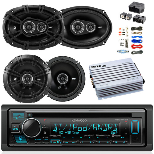 Kenwood KDC-BT33 Single DIN Bluetooth USB/AUX CD Player In-Dash Car Audio Receiver, 2x 6x9" 360W Max 3-Way Coaxial Speakers, 2x 6.5" 240W Max 2-Way Speakers, 4-Channel Amplifier W/Kit + Power Block