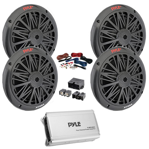 4x Dual Pyle PLMR6KB 6.5'' 2000W Max Power 2-Way Water Resistant Full Range Stereo Marine Black Speakers w/Built-in Tweeters, 4-Channel Amplifier w/8-Gauge Wiring Kit + Quick Disconnect Power Block