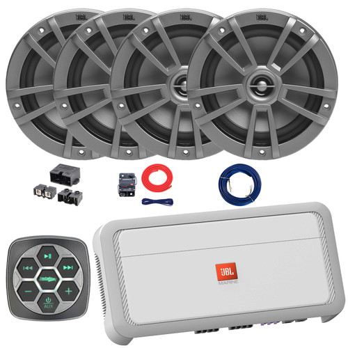 Metra IBBTR19 Marine 3-Zone Bluetooth Controller, 4x 6.5" 180 Watts Max Power 2-Way Multi-Element Gray Boat Speakers, 75 Watts RMS x 4 @ 4 Ohms 4-Channel Class H Amplifier W/Kit + Power Block, Wire