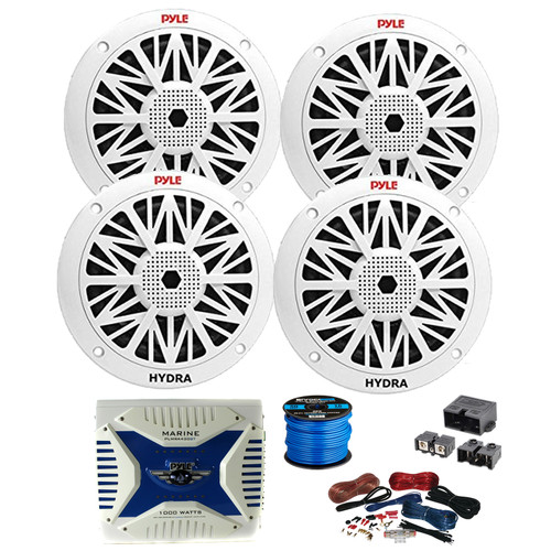 Pyle PLMR62 Dual 6.5'' 200 Watt Max Power 2-Way Full Range Water Resistant Boat Speakers, 4 Channel 1000W Max Amplifier W/8-Gauge Wiring Installation Kit, Quick Disconnect Power Block, Speaker Wire
