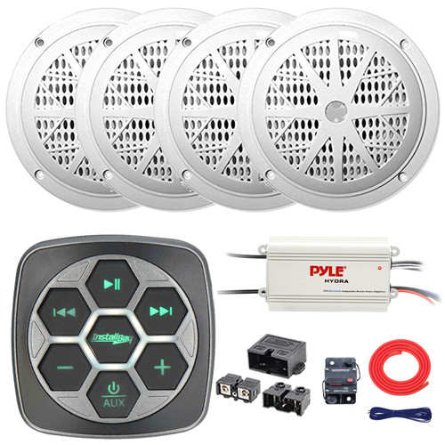 Metra IBBTR19 Marine 3-Zone Bluetooth Controller, 4x 4'' 100 Watt Max Power Dual Cone Waterproof Stereo White Speakers, 4-Channel Amplifier w/8 Gauge Install Kit, Quick Disconnect Power Block