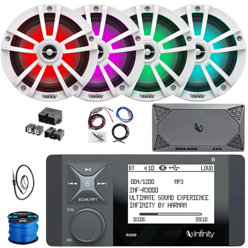 Infinity R3000 Wake Series Marine Bluetooth USB/AUX AM/FM Radio Digital Media Stereo Receiver, 4x 6.5" 225W Max RGB LED Speakers, 4-Channel Amplifier w/ Install Kit + Power Block, Wire, Antenna