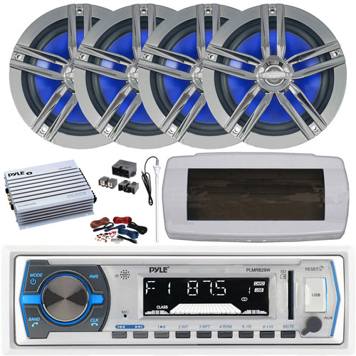 Pyle PLMRB29W Single DIN Marine Bluetooth USB/AUX MP3 Player AM/FM In-Dash Stereo Receiver w/White Cover, 4x 6.5" 180W Max 2-Way Charcoal Speakers, 4 Channel Amplifier w/Kit + Power Block, Antenna