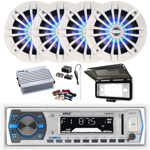 Pyle PLMRB29W Single DIN Marine Bluetooth USB/AUX MP3 Player AM/FM In-Dash Stereo Receiver w/White Cover, 4x 6.5" 180W Max Blue LED White Speakers, 4 Channel Amplifier w/Kit + Power Block, Antenna
