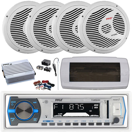 Pyle PLMRB29W Single DIN Marine Bluetooth USB/AUX MP3 Player AM/FM In-Dash Stereo Receiver w/White Cover, 4x 6.5" 150W Max White Boat Stereo Speakers, 4 Channel Amplifier w/Kit + Power Block, Antenna
