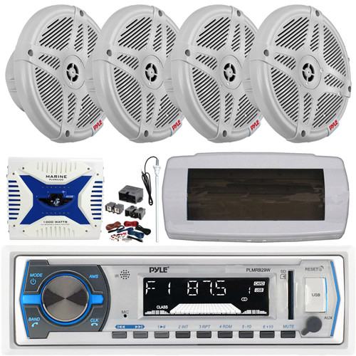 Pyle PLMRB29W Single DIN Marine Bluetooth USB/AUX MP3 Player AM/FM In-Dash Stereo Receiver w/White Cover, 4x 6.5" 600W Max 2-Way Component Speakers, 4 Channel Amplifier w/Kit + Power Block, Antenna
