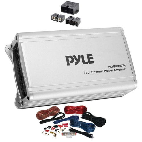 Pyle PLMRC400X4 4-Channel Class D Compact Weather-Resistant Marine & Powersport Amplifier, 8-Gauge Amplifier Wiring Installation Kit, 4 AWG High Current Quick Disconnect Power Block