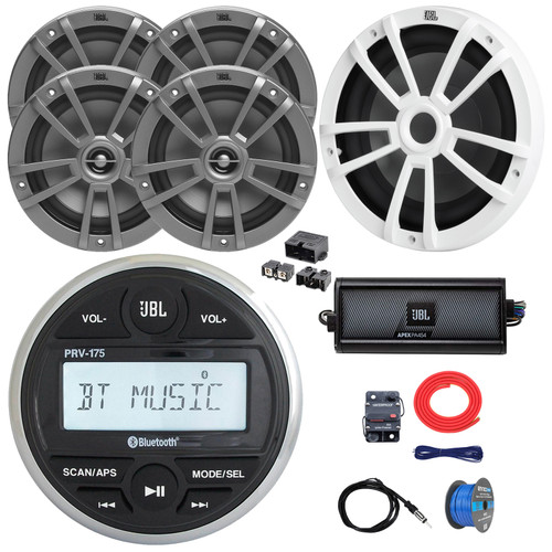 JBL PRV-175 Marine Bluetooth USB/AUX AM/FM Gauge Style Digital Media Stereo Receiver, 4x 6.5" 180W Max Gray Speakers, 10" 600W Max White Subwoofer, Amplifier W/Kit + Power Block, Antenna, Wire
