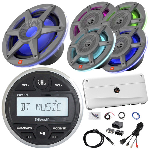 JBL PRV-175 Marine Bluetooth USB/AUX AM/FM Gauge Style Digital Media Stereo Receiver, 4x 8" 500W Max 3-Way RGB LED Speakers, 10" RGB LED Subwoofer, Amplifier W/Kit Power Block, USB Adapter, Antenna
