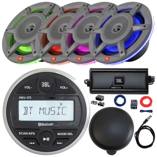 JBL PRV-175 Marine Bluetooth USB/AUX AM/FM Gauge Style Digital Media Stereo Receiver W/Black Cover, 4x 8" 500W Max Gray RGB LED Speakers, 4-Channel Amplifier W/Kit + Power Block, Antenna, Wire