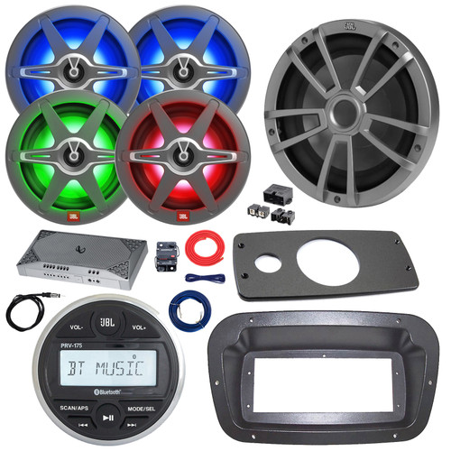 JBL PRV-175 Marine Bluetooth USB/AUX AM/FM Gauge Style Digital Media Stereo Receiver W/Spa Bezel, Adapter Plate, 4x 8" 450W Max RGB LED Speakers, 10" Subwoofer, Amp W/Kit + Power Block, Antenna, Wire