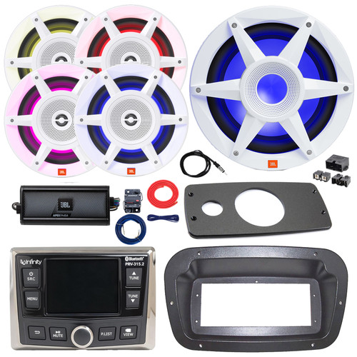 Infinity PRV-315.2 Marine Bluetooth USB/AUX WB AM/FM Gauge Hole Mount Receiver W/Spa Bezel, Adapter Plate, 4x 8" 500W Max RGB LED Speakers, 10" Subwoofer, Amplifier w/Kit + Power Block, Antenna, Wire