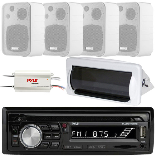 Pyle PLCDBT95 Single DIN Marine Bluetooth USB/AUX MP3/CD Player AM/FM Radio In Dash Stereo Receiver W/White Cover, 4x 4'' 30W Max Power 3-Way Indoor/Outdoor White Box-Speakers, 4-Channel Amplifier