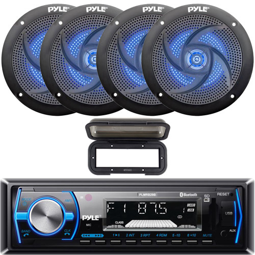 Pyle PLMRB29B Single DIN Marine Bluetooth USB/AUX MP3 Player AM/FM Radio In-Dash Black Stereo Receiver W/Black Cover, 4x 4" 100 Watt Max Power 2-Way Low Profile Blue Flashing LED Boat Audio Speakers