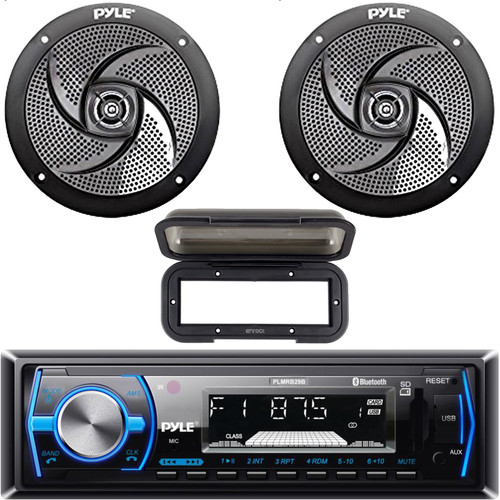 Pyle PLMRB29B Single DIN Marine Bluetooth USB/AUX MP3 Player AM/FM Radio In-Dash Black Stereo Receiver W/Black Cover, 2x 5.25" 180W Max 2-Way Waterproof Low Profile Slim Style Boat Black Speakers