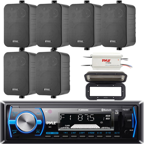 Pyle PLMRB29B Single DIN Marine Bluetooth USB/AUX MP3 Player AM/FM Radio In-Dash Black Stereo Receiver w/Black Cover, 6x 4" 30 Watt Max Power 3-Way Indoor/Outdoor Black Speakers, 4-Channel Amplifier