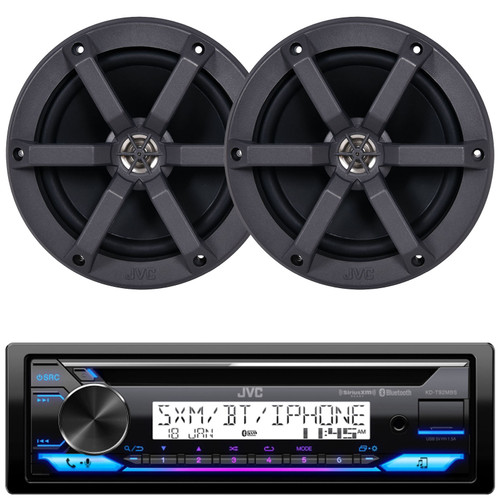 JVC KD-T92MBS Single DIN Marine MotorSports Bluetooth USB/AUX CD Player AM/FM Radio Stereo Receiver, 2x JVC 6.5" OEM Replacement 6.5" 100 Watt Max Power 2-Way Black Boat Speakers (Bulk Packaging)