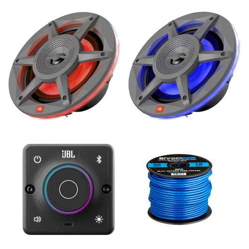JBL AURA Bluetooth Compact High-Performance 2 Way Marine Stereo Receiver With 2x JBL Stadium 6.5" 300W Max RGB LED Gray Speakers + Enrock 50 Feet 16 Gauge Marine Speaker Wire