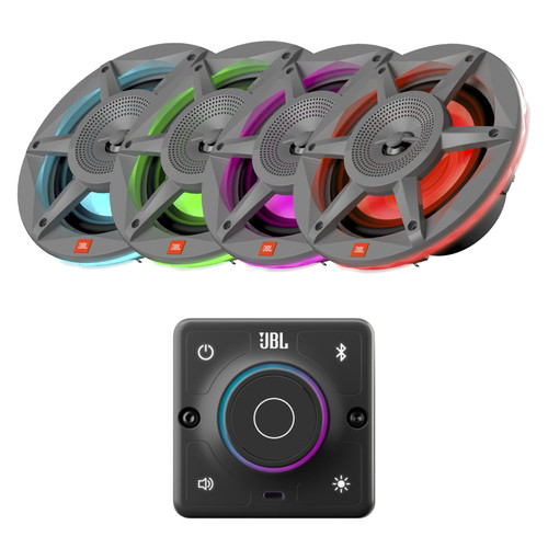 JBL AURA Compact Bluetooth High-Performance 2 Way Marine Stereo Receiver With 4x JBL Stadium 6.5" 300W Max 2 Way RGB LED Gray Speakers