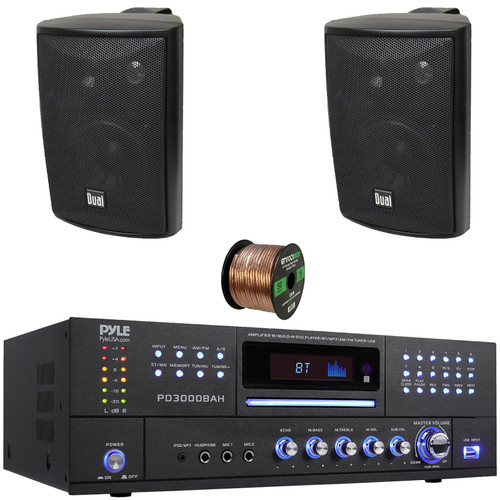 Pyle PD3000BAH 4-Channel 4000W Bluetooth Home Audio Amplifier Receiver – HDMI, USB, FM Radio, CD/DVD Player 2 Microphone, 2x 4" 200 Watts Max Power 3-Way Indoor/Outdoor Black Speakers W/50 Feet Wire