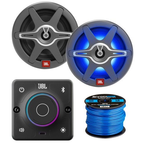JBL AURA Bluetooth Compact High-Performance 2-Way Marine Stereo Receiver, 2x 6.5" 225 Watt Peak Power 2-Way Marine Speakers RGB LED (White & Grey Grilles) + Enrock 50 Feet Marine Grade Speaker Wire