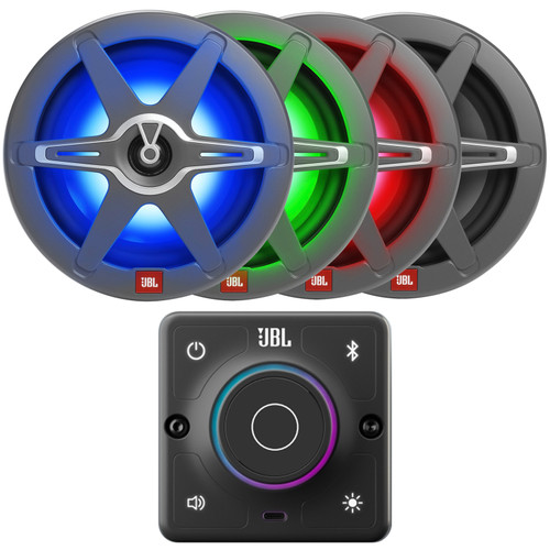 JBL AURA Bluetooth Compact High-Performance 2-Way Marine Stereo Receiver, With 4x JBL Club 82 8" 450W Peak Power 2-Way Marine Speakers with RGB Lighting, White & Gray Grilles