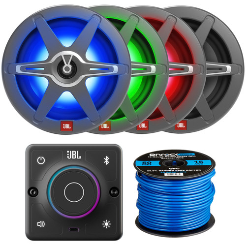 JBL AURA Bluetooth Compact High-Performance 2-Way Marine Stereo Receiver, With 4x JBL Club 82 8" 450W Peak Power 2-Way Marine RGB LED Speakers, White & Gray Grilles + Marine Grade Speaker Wire
