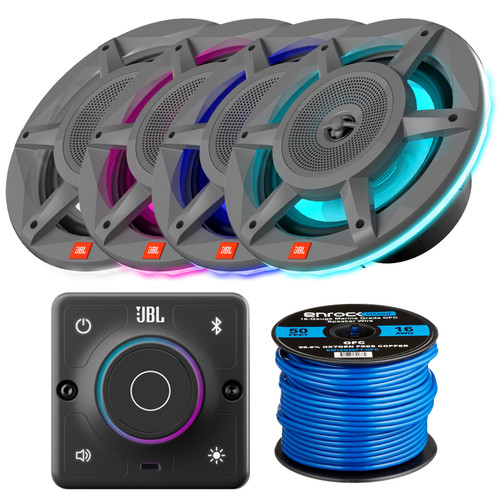 JBL AURA Bluetooth Compact High-Performance 2-Way Marine Stereo Receiver, 4x JBL Stadium Marine 8" 500W Max Convertible 3-Way Gray Boat RGB LED Speakers + 50 Feet 16 Gauge Speaker Wire