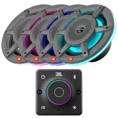 JBL AURA Bluetooth Compact High-Performance 2-Way Marine Stereo Receiver, 4x JBL Stadium Marine 8" 500W Peak Power Convertible 3-Way Gray Boat RGB LED Speakers
