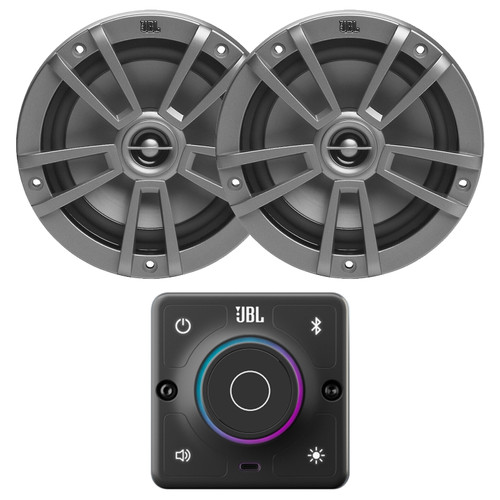 JBL AURA Bluetooth Compact High-Performance 2-Way Marine Stereo Receiver With 2x JBL Marine Stage 6 6.5" 180 Watts Peak Power 2-Way Multi-Element Gray Marine Speakers