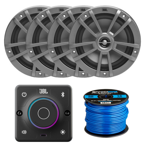 JBL AURA Bluetooth Compact High-Performance 2-Way Marine Stereo Receiver With 4x JBL Marine Stage 6 6.5" 180 Watts Peak Power 2-Way Multi-Element Gray Marine Speakers + Enrock Speaker Wire