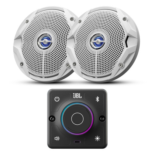 JBL AURA Bluetooth Compact High-Performance 2-Way Marine Stereo Receiver With 2x JBL 6.5" 180 Watts Max Power Dual Cone Marine Boat ATV White Stereo Speaker
