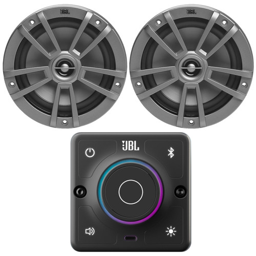 JBL AURA-BT-M Marine Bluetooth Compact High-Performance 2-Way Stereo Receiver Bundle Combo With One Pair (QTY 2) Of JBL Marine Stage 6 6.5" 180 Watts Max Power 2-Way Multi-Element Gray Boat Speakers