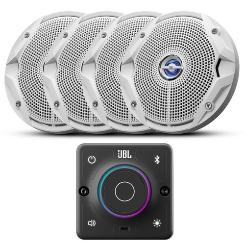 JBL AURA Bluetooth Compact High-Performance 2-Way Marine Stereo Receiver With 4x JBL 6.5" 180 Watts Max Power Dual Cone Marine Boat ATV White Stereo Speaker
