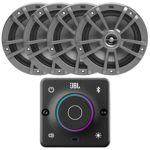 JBL AURA-BT-M Marine Bluetooth Compact High-Performance 2-Way Stereo Receiver Bundle Combo With Two Pairs (QTY 4) Of JBL Marine Stage 6 6.5" 180 Watts Max Power 2-Way Multi-Element Gray Boat Speakers