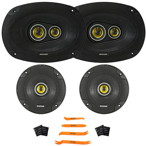 2x Kicker 46CSC6934 CS Series 6x9" 450 Watt Max Power Coaxial Car Audio Black Speakers, 2x Kicker CS Series CSC5 5.25" 225W Max Power Automotive Speakers + 4x Sound Deadener Material & Pry Tool Set
