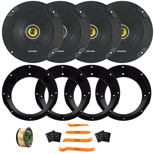 4x Kicker CSC65 CS Series 6.5" 300 Watt Max Power 4 Ohm 2-Way Coaxial Speakers, 4x Adapter for 6.5" to 6.75" Speakers, 50 Feet 14 Gauge Speaker Wire + 4x Sound Deadener Material & Pry Tool Set
