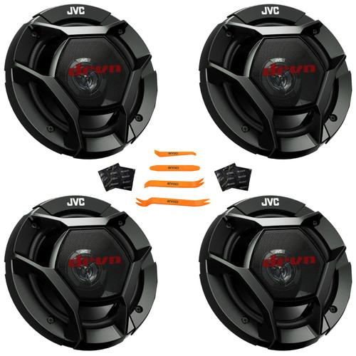 Two Pairs (QTY 4) Of JVC CS-DR621 drvn DR Series 6.5" 300 Watt Max Power 2-Way Coaxial Car Audio Speakers + 4x Speaker Sound Deadening Material For Car Speakers, 4-Piece Trim Removal Tool Kit