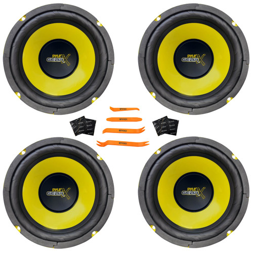 Two Pairs (QTY 4) Of Pyle PLG64 6.5'' 300W Max Power Mid Bass Woofer DJ Pro Audio Yellow Cone / Black Frame Speakers Bundle Combo With 4x Speaker Sound Deadening Material, 4-Piece Removal Tool Kit