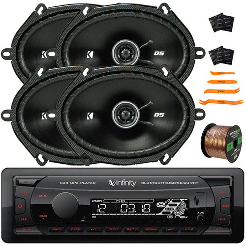 Infinity Alpha 100 Single DIN Bluetooth USB/AUX SD FM Radio MP3 Player Digital Media Car Audio Receiver, 4x 6x8" 200W Max 2-Way Coaxial Speakers, Speaker Wire + Sound Deadener Material & Pry Tool Set