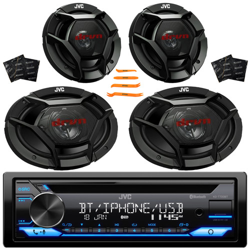 JVC KD-T720BT Single DIN Bluetooth USB/AUX CD Player AM/FM Radio Multimedia Car Audio Stereo Receiver, 2x 6.5" 300W Max Speakers, 2x 6x9" 500W Max 3-Way Speakers + 4x Speaker Deadener & Pry Tool Set