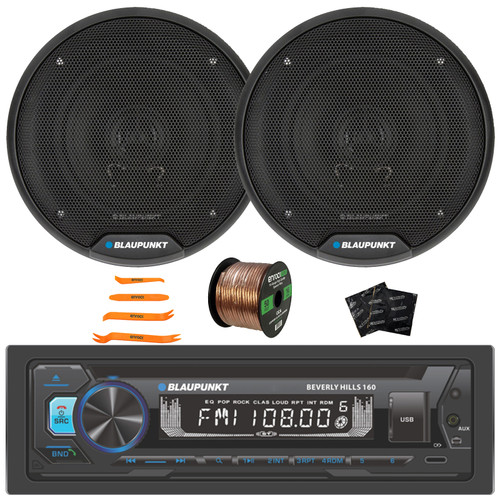 Blaupunkt Beverly Hills 160 Single DIN Detachable Face Bluetooth CD/DVD Player AM/FM Radio Stereo Receiver, 2x 5" 40 Watt Max 2-Way Automotive Speakers, Speaker Wire + Speaker Deadener & Pry Tool Set